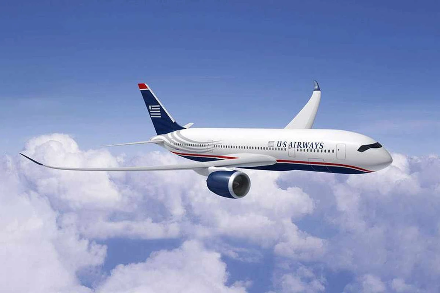 Preliminary rendering of the A350 with the livery of the defunct US Airways (Airbus).