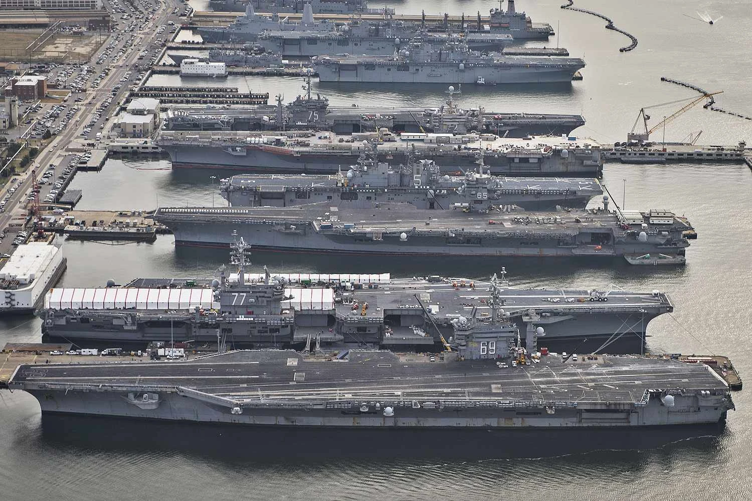 The USS Enterprise alongside four Nimitz-class aircraft carriers, all nuclear-powered (US Navy)
