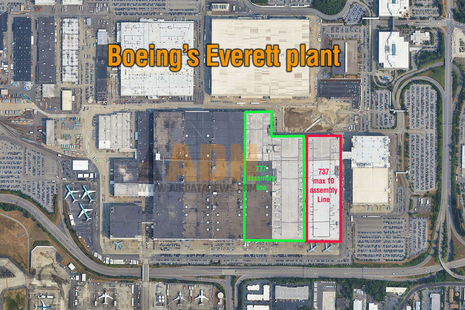 The Everett plant and the location that is expected to receive the 737 MAX 10 assembly line (GE)