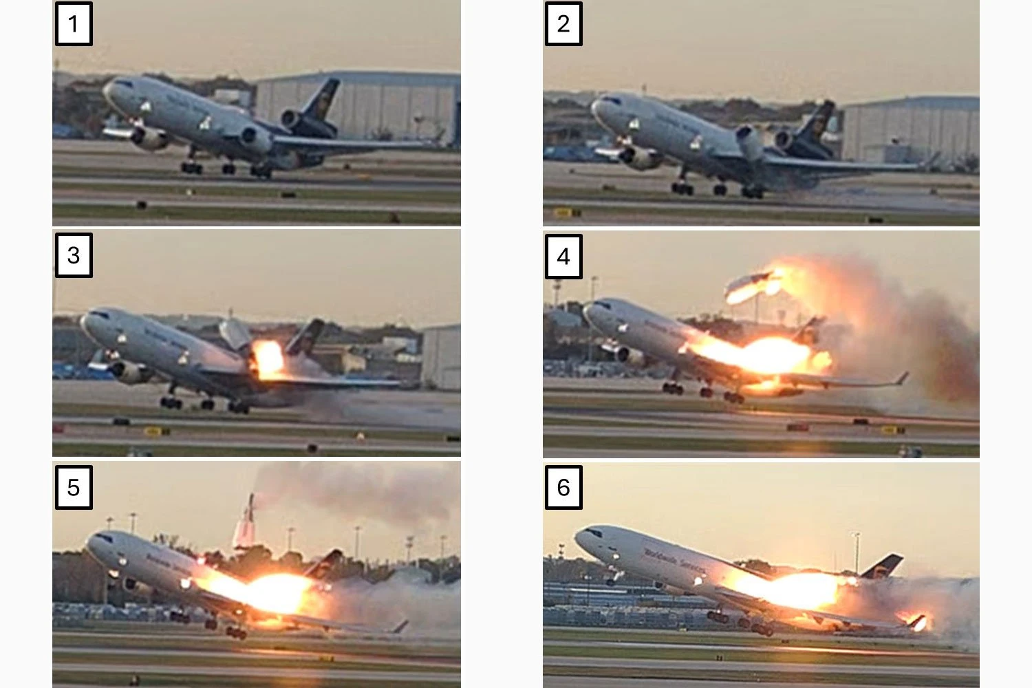A sequence of images shows the pylon breaking off and the engine flying off (NTSB)