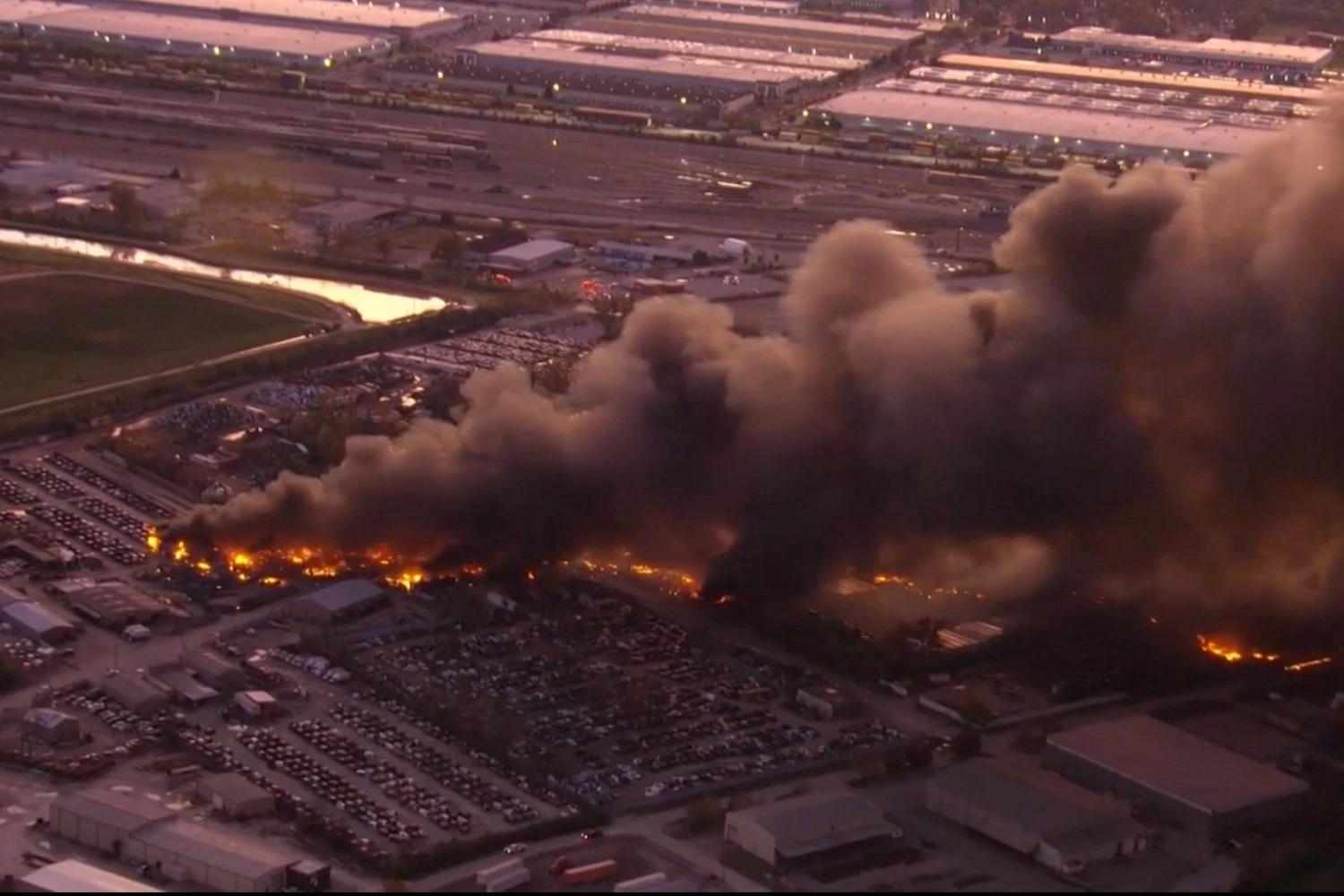 Fuel from the aircraft ended up causing a fire in buildings surrounding the airport (Social media)