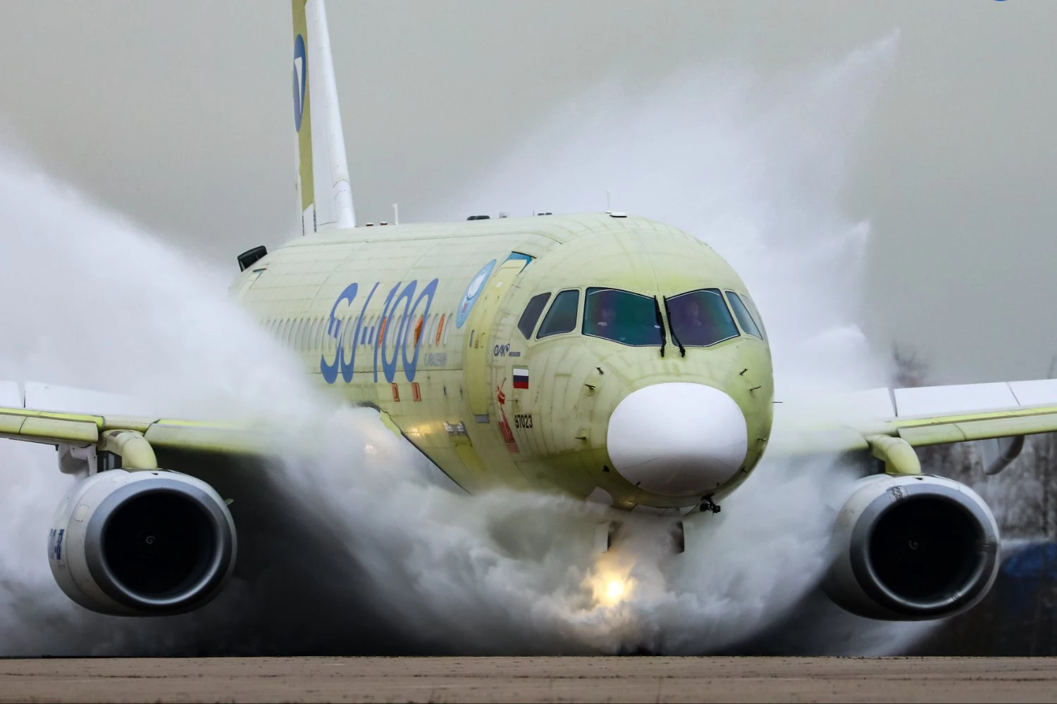 The SJ-100 undergoing water ingestion tests in the PD-8 engine ()