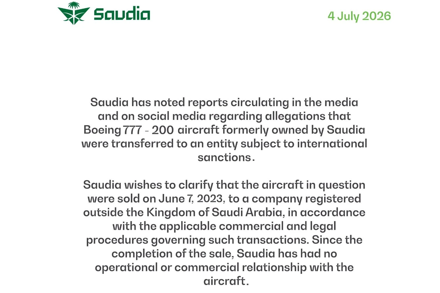 Saudia statement