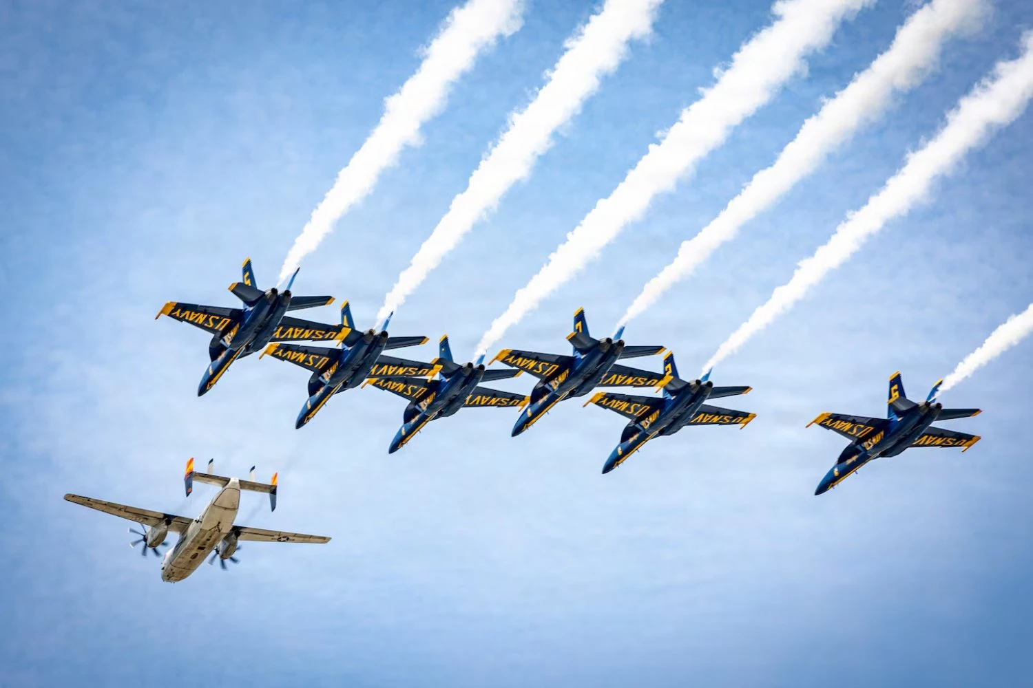 The Navy's final C-2A Greyhound, attached to the "Rawhides" of Fleet Logistics Support Squadron (VRC) 40, leads a formation flight with the U.S. Navy Blue Angels over Naval Air Station (NAS) Pensacola's Sherman Field | US NAVY