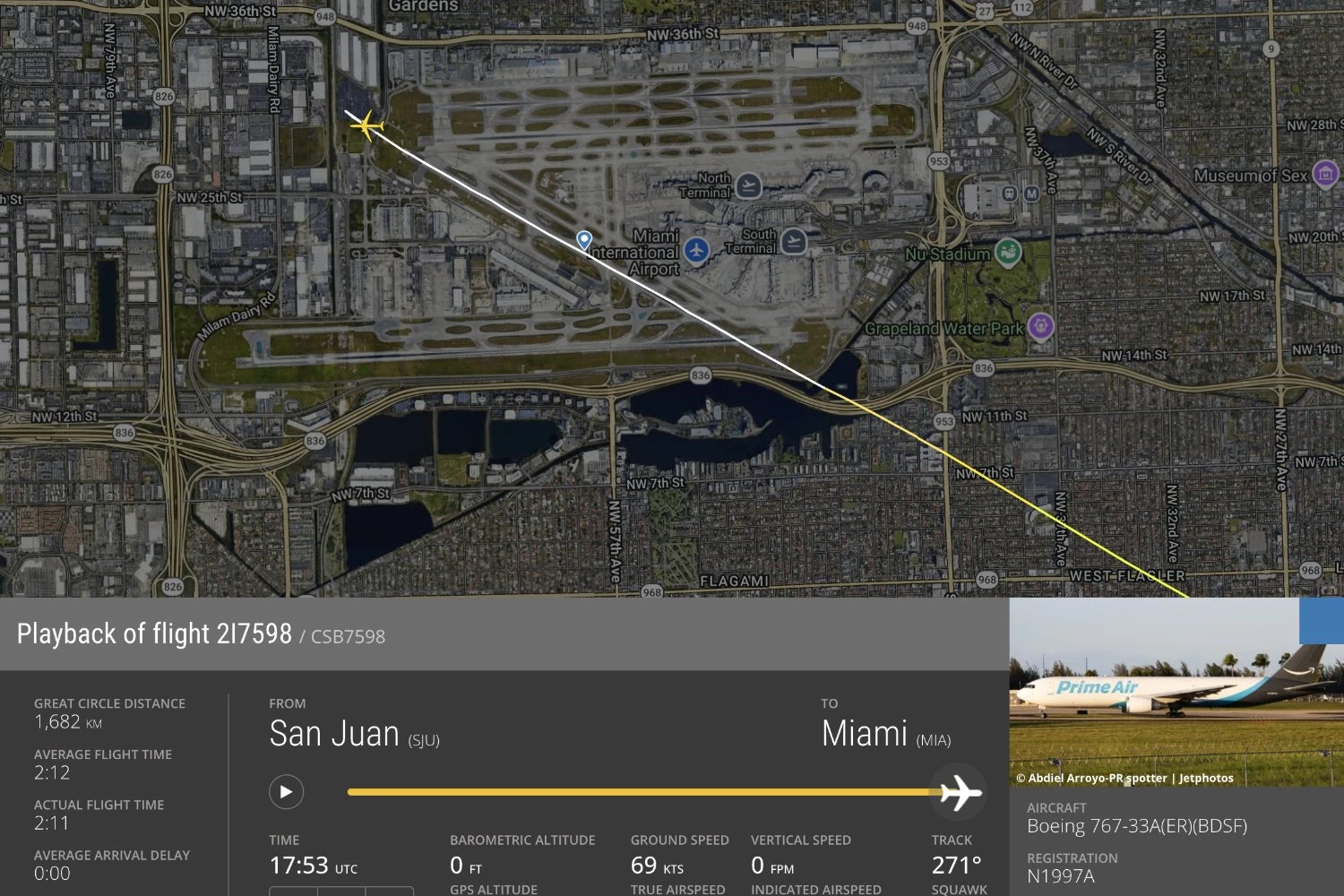 Amazon Air's Boeing 767F N1997A was landing in Miami, arriving from San Juan