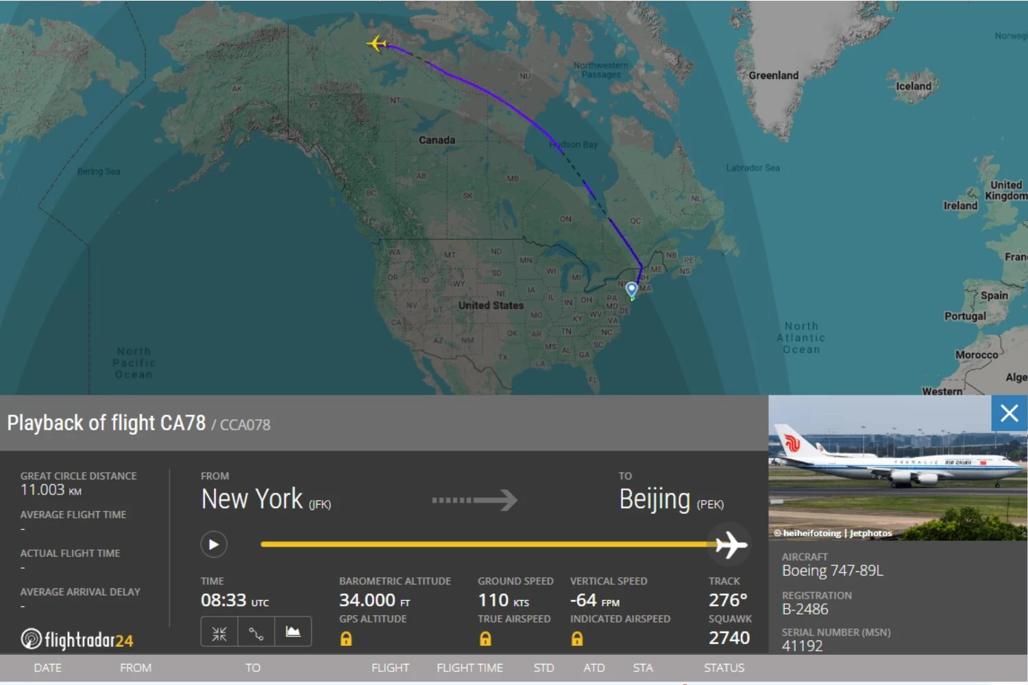 Boeing 747-8 B-2486 on a ferry flight to Beijing