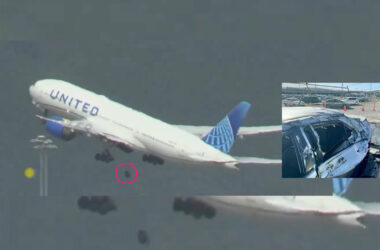 Moment United Boeing 777 loses tire on takeoff
