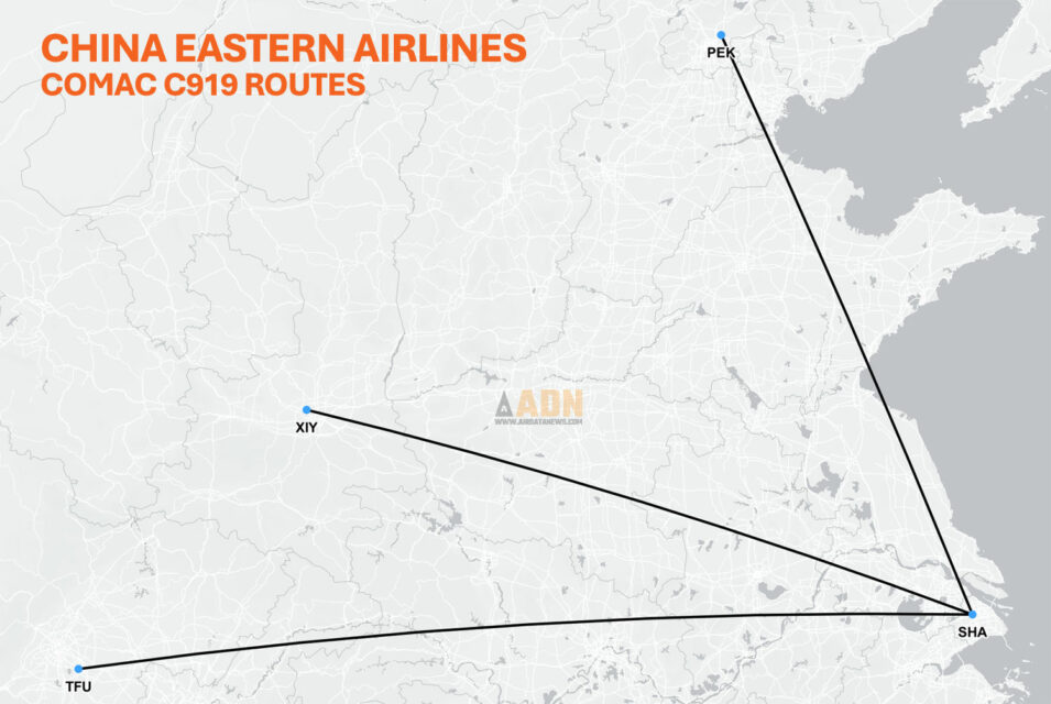 China Eastern Airlines C919 routes (Flightmapper.io)