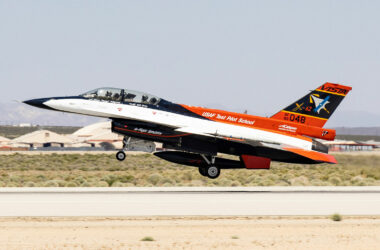 The X-62A Vista takes off from Edwards with the Secretary of the US Air Force on board