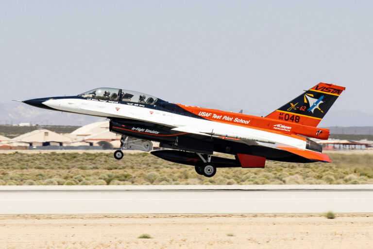 The X-62A Vista takes off from Edwards with the Secretary of the US Air Force on board